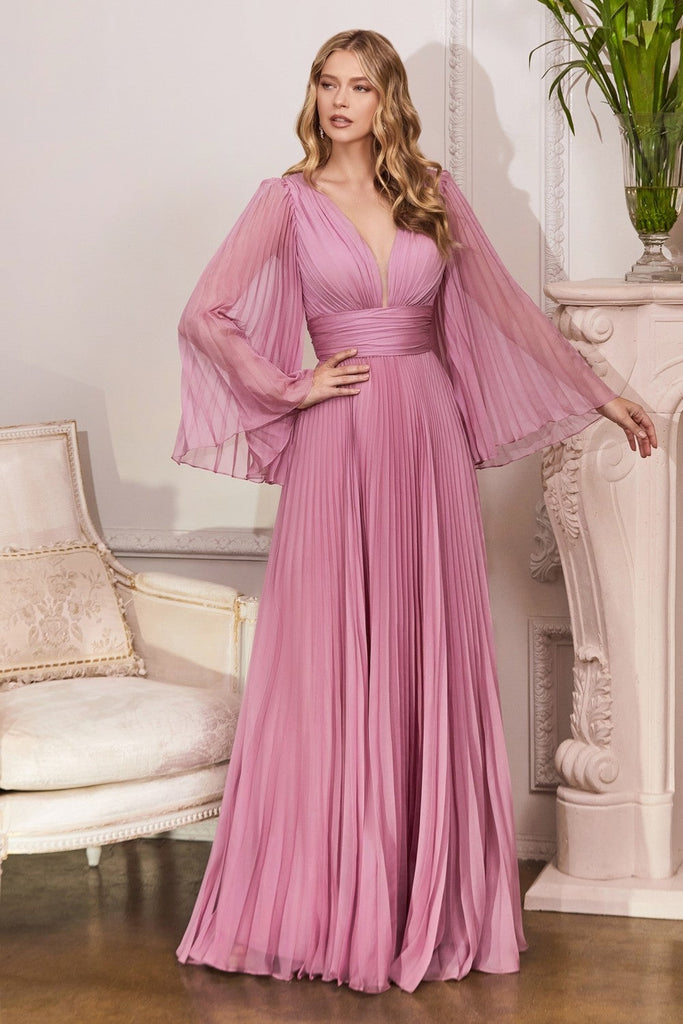 Pleated Chiffon Prom & Ball Gown Deep v-neckline Bodice with Open Back and Covered Shoulders Fairy Mother of the Bride Dress CDCD242 Sale