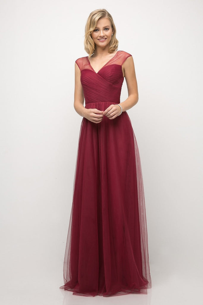 Layered Tulle A-Line Pleated Bodice Illusion Cap Sleeves Long Bridesmaid Gown CDET320 Sale
