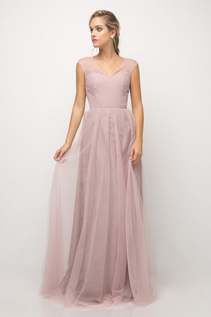 Layered Tulle A-Line Pleated Bodice Illusion Cap Sleeves Long Bridesmaid Gown CDET320 Sale