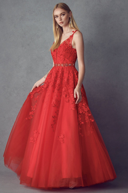 Embroidered Lace Embellished Jewel Waist Long Prom Dress JT224