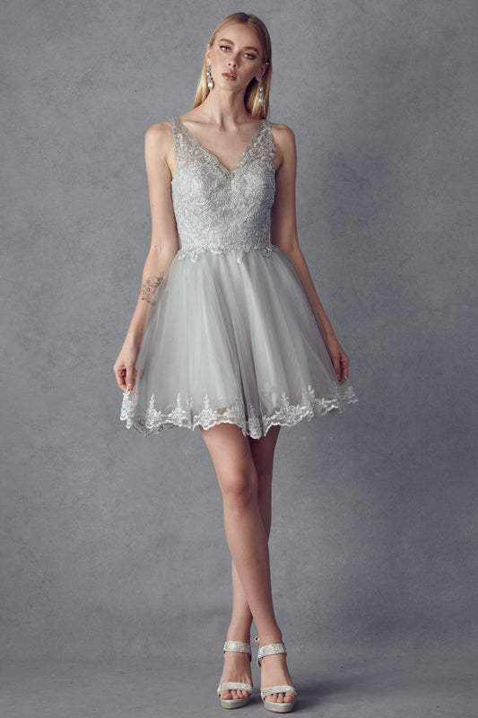 Embroidered Bodice Straps Short Cocktail & Homecoming Dress JT835