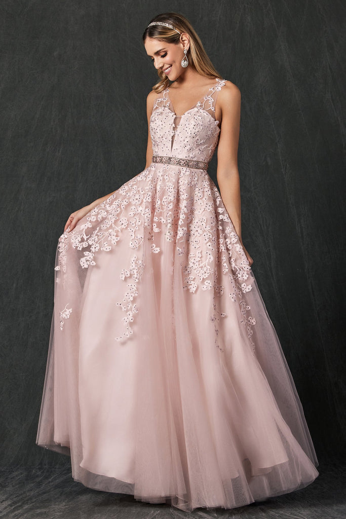 Embroidered Lace Embellished Jewel Waist Long Prom Dress JT224