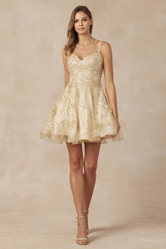 Gold Embroidered Swirling Patterns Short Cocktail & Homecoming Dress JT838