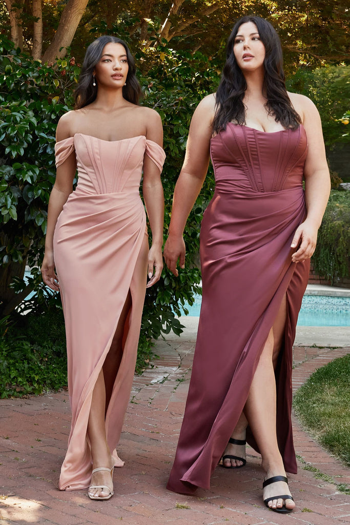 Satin Off the shoulder Prom & Evening Dress Vintage Laced Corset Wrapped on a Wait with High Leg Slit Gown CD7484C