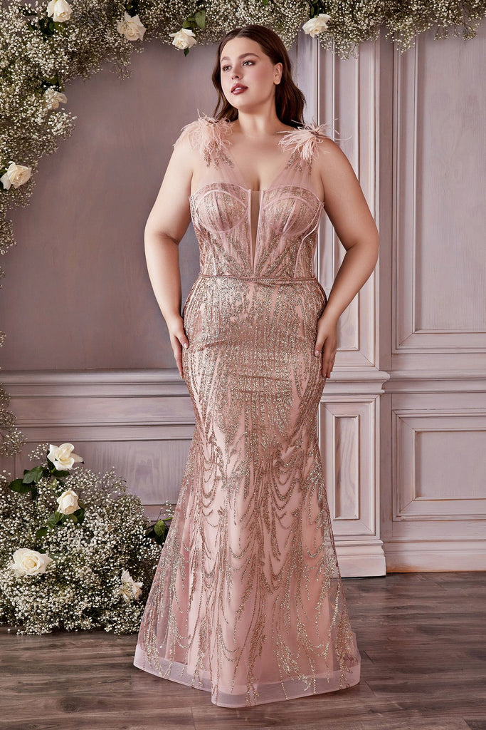 Fitted Glitter and Feather Gown Detailed Feather Strap Sequin Sweetheart Bodice Plus Size Curvy Trumpet Dresses CDCB087C