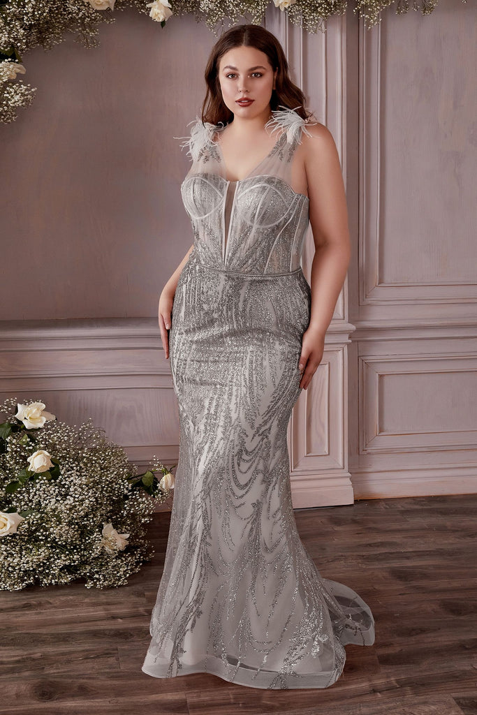 Fitted Glitter and Feather Gown Detailed Feather Strap Sequin Sweetheart Bodice Plus Size Curvy Trumpet Dresses CDCB087C