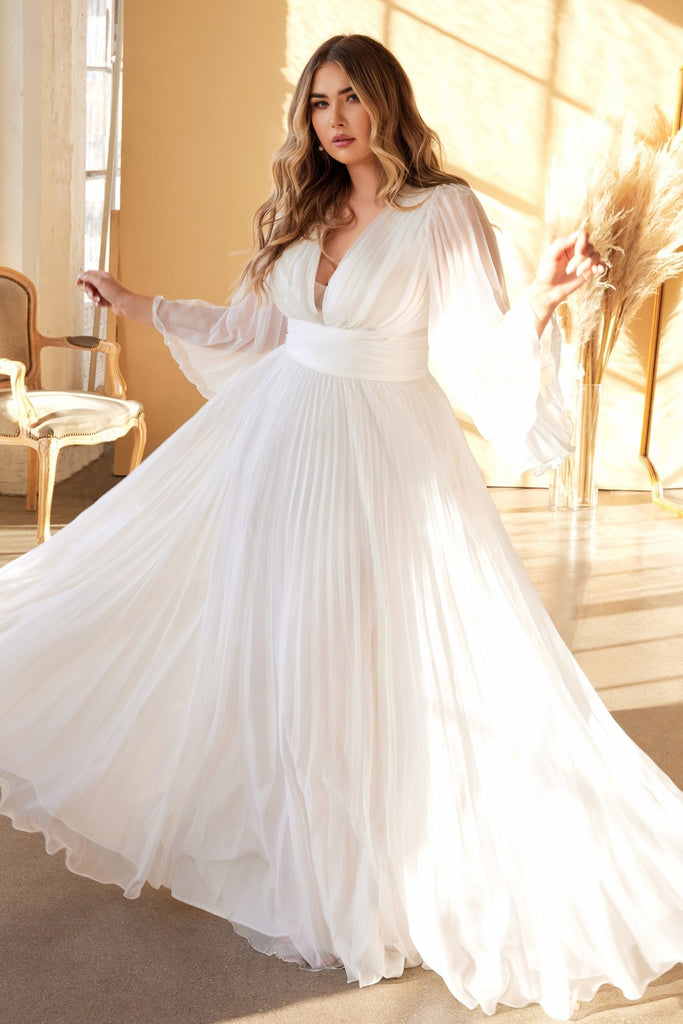 Pleated Chiffon Plis Size Bridal Gown Deep V-neckline Bodice with Open Back and Covered Shoulders Pretty Wedding Curvy Dress CDCD242WC