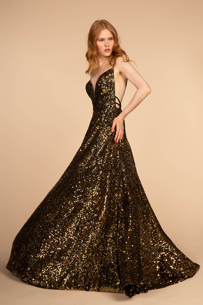 Illusion Deep V-Neck Sequin Ball Gown Open Back GLGL2581
