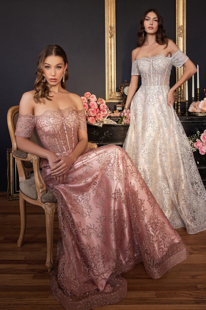 Off The Shoulder Sheer Sequin Bodice Appliqué glitter print a-line Prom & Bridesmaid gown Evening Gala Luxury Formal Dress CDJ835