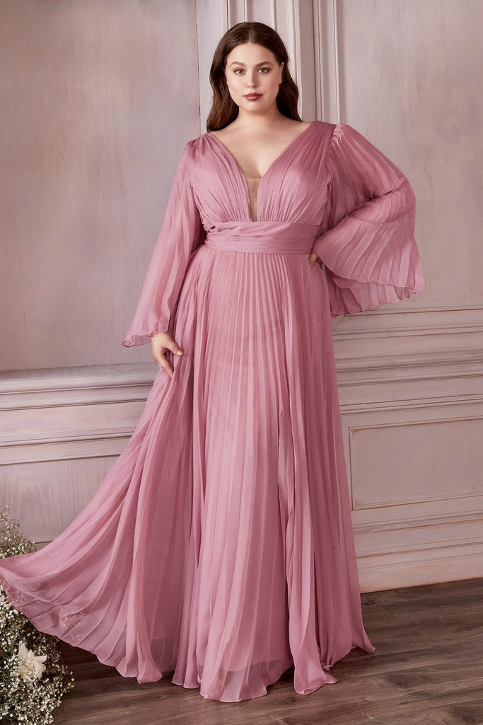 Long Sleeve Illusion V-neck Bodice Plus Size Chiffon Pleated Prom Gown Curvy Solid Bridesmaid Dress A-line Silhouette Skirt CDCD242C Sale