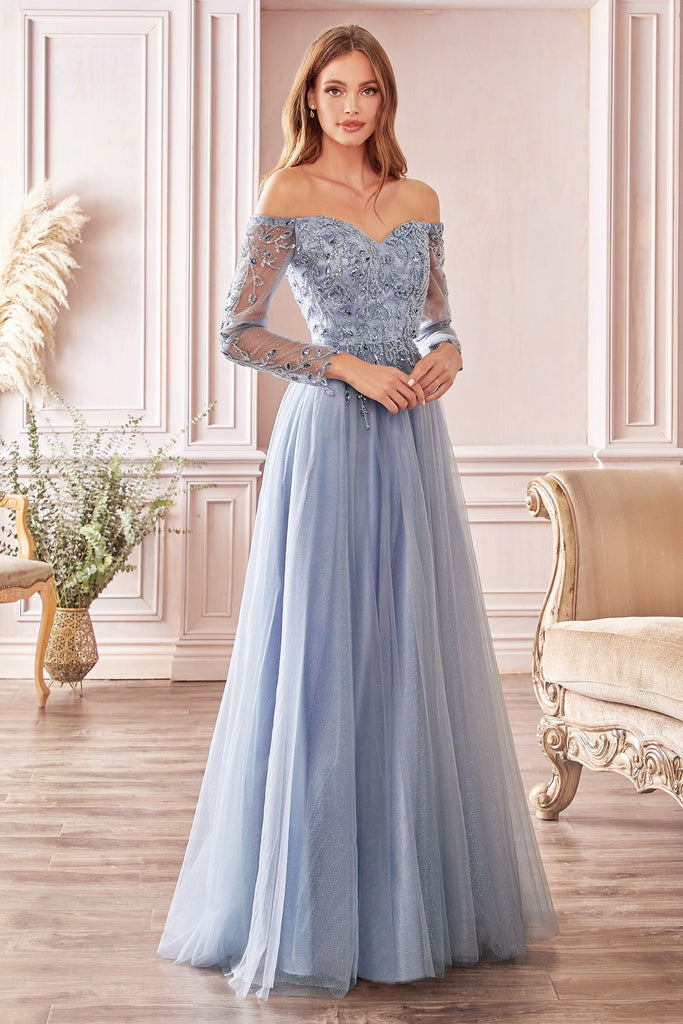 Off The Shoulder A-line Prom & Bridesmaid Dress Sheer Floral Sleeves Sweetheart Neck Bodice Sequin Appliqué Vintage Gown CDCD0172 Sale
