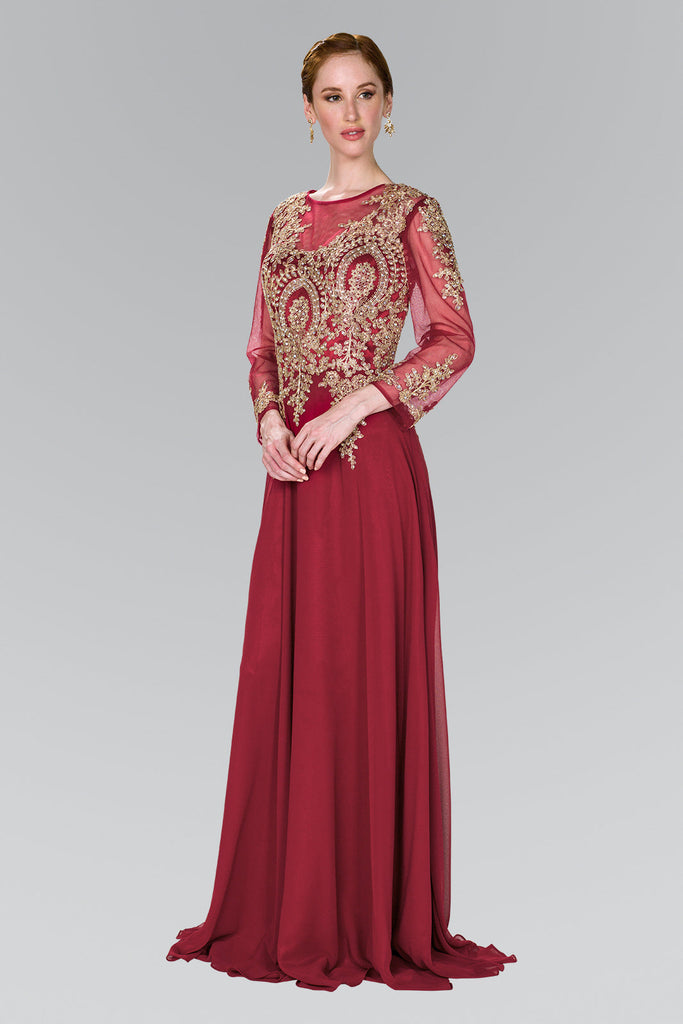 Lace Embellished Floor Length Dress with Sheer Sleeve GLGL1368 Sale