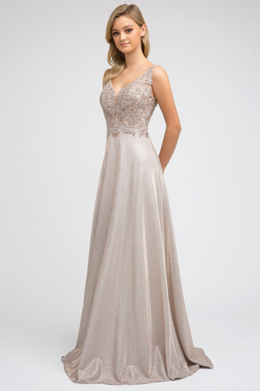 Embellished Bodice Metallic A-Line Long Prom Dress JT219