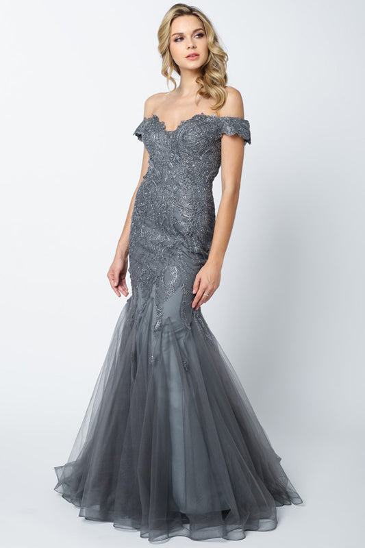 Embellished Lace Off Shoulder Mermaid Long Prom Dress JT693