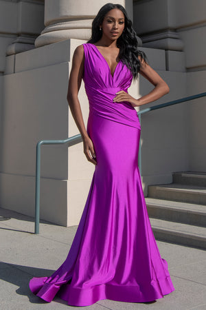 Sleeveless Fit & Flare Lycra Ruched Waist Plunge Neck Long Prom Dress AC370-1