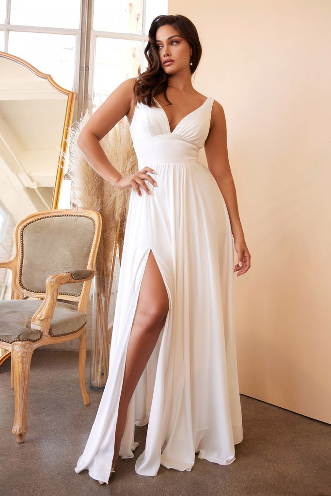 Classic Soft a-line dress Off-White Satin Bride Dress Fitted Bodice Wedding Ceremony Gown Tender Skirt with High Leg Slit CD7469W