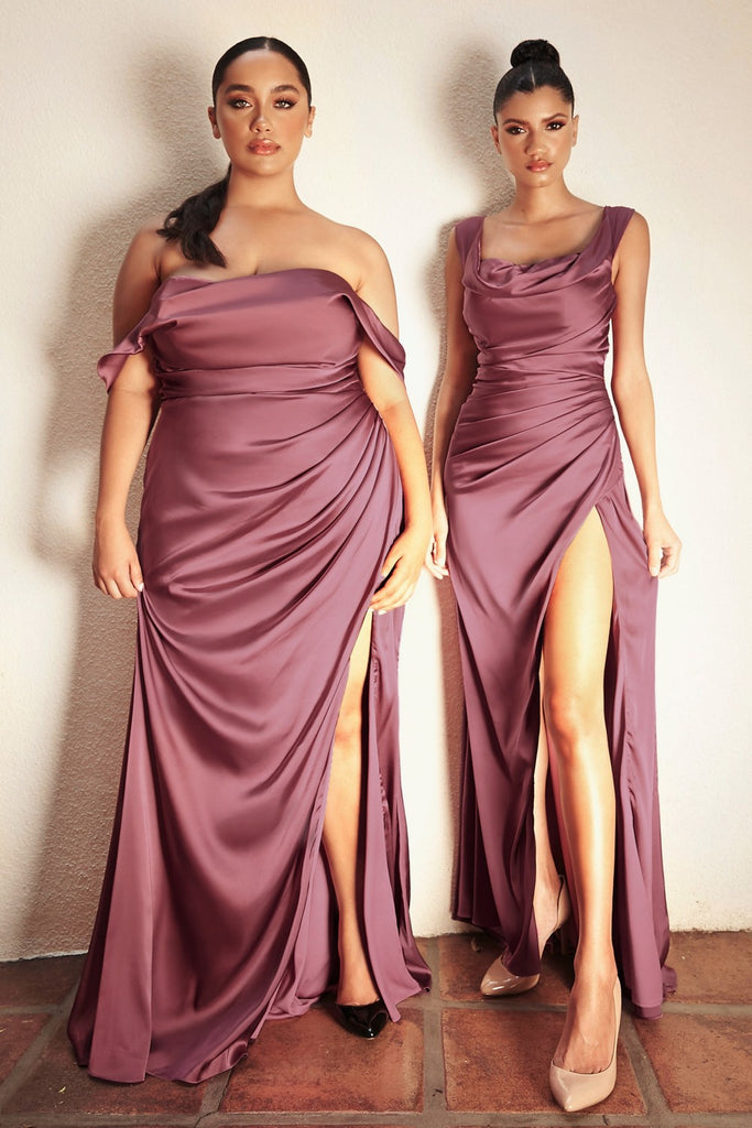 Soft Satin Off or On Shoulder Gown Classic Elegant Prom & Bridesmaid Dresses Gathered Fitted Bodice Sensual High Leg Slit CD7488C
