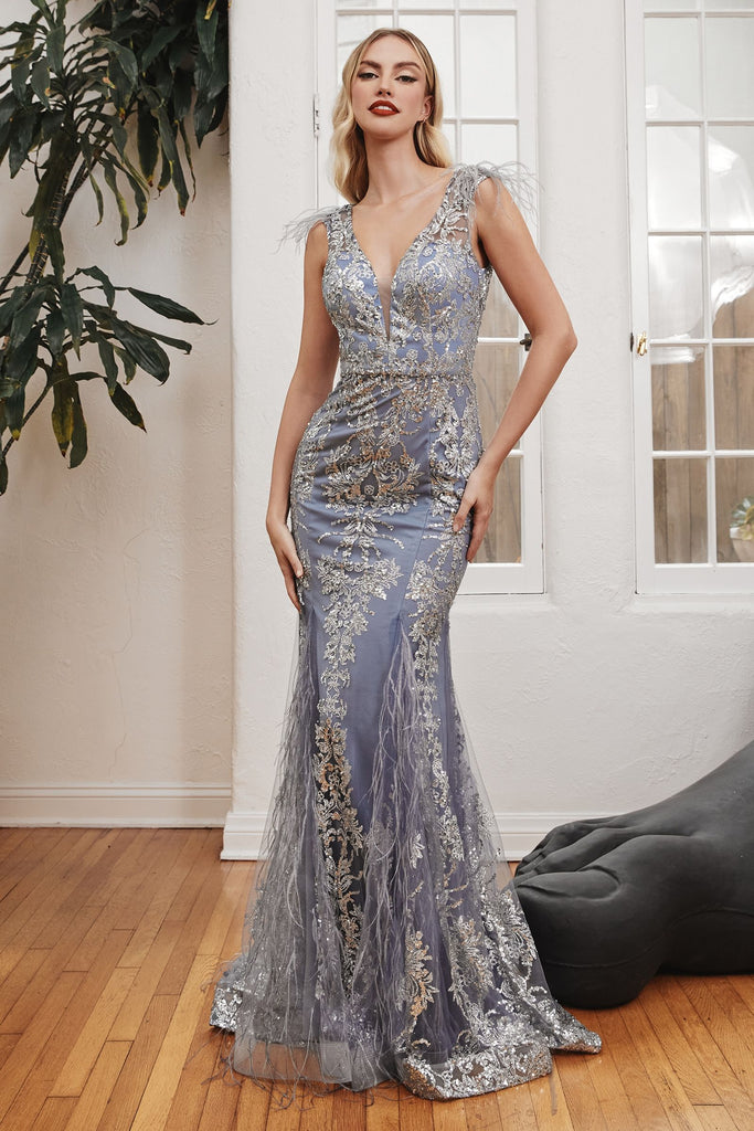 Feathered Mermaid Evening Prom & Bridesmaid Gown Formal Style Luxury Dress V-neck Sequin Embroidered Bodice CDC57