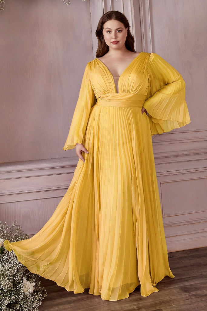 Long Sleeve Illusion V-neck Bodice Plus Size Chiffon Pleated Prom Gown Curvy Solid Bridesmaid Dress A-line Silhouette Skirt CDCD242C