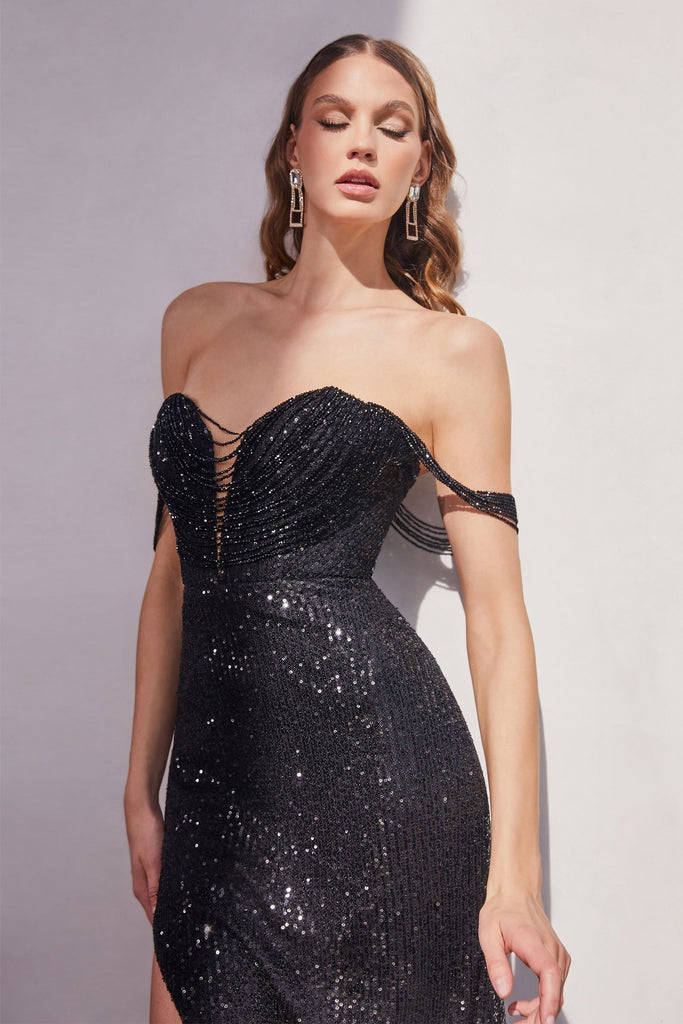 Strapless Sequin Luxury Prom & Bridesmaid Noir Black Dress beaded draped off shoulders Bodice Sensual Sexy Red Carpet Gown CDCD290